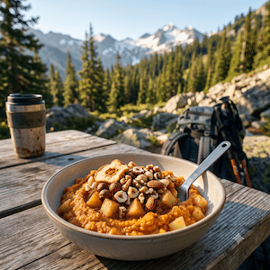 Süßes Kartoffelpüree mit Apfel und Nüssen Trekking: Energiedichtes Outdoor-Frühstück