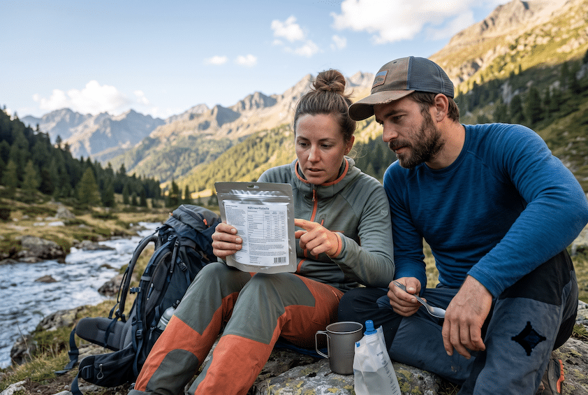 Zutatenliste einer Trekkingnahrung-Verpackung mit fett gedruckten Allergenen