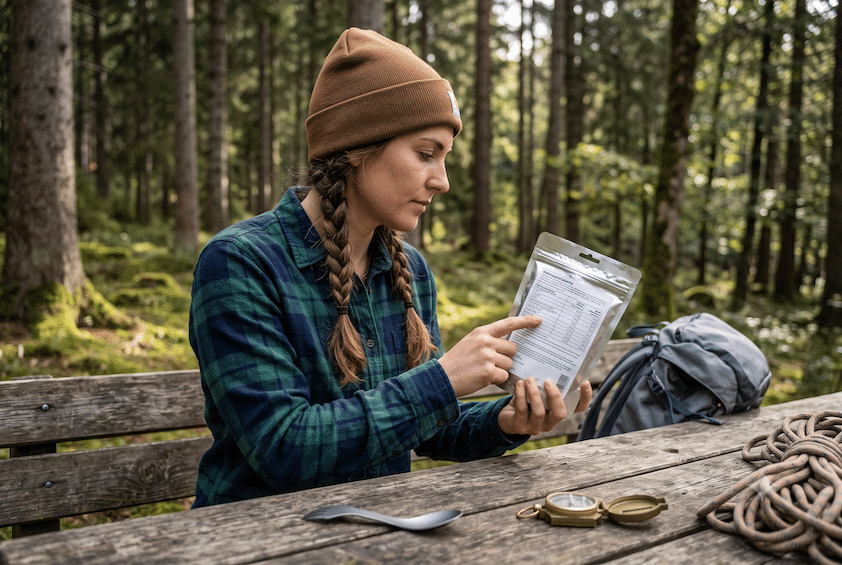 Verschiedene Trekkingnahrung-Verpackungen mit Nährwerttabelle im Vergleich