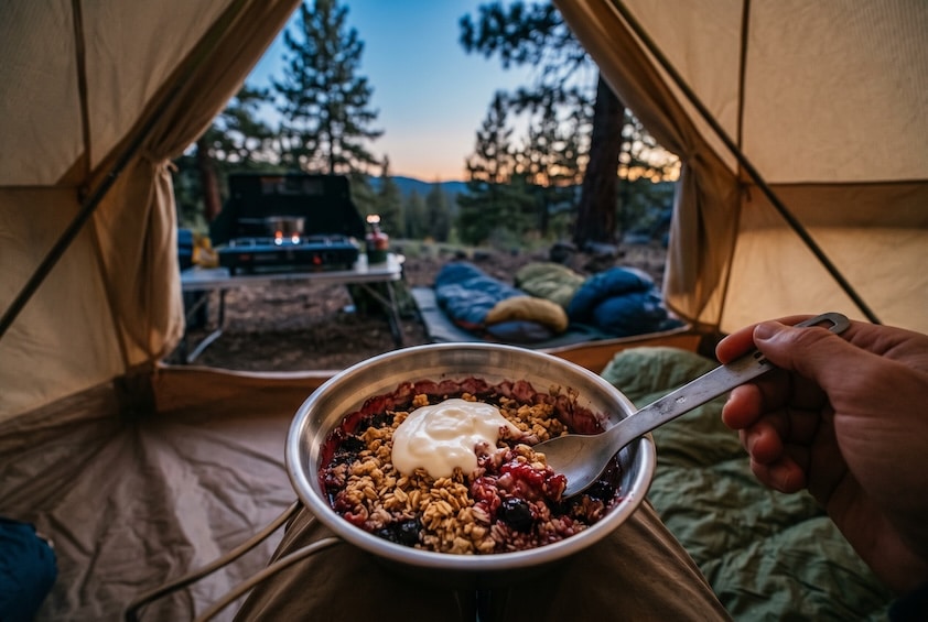 Fertig zubereitetes Camping-Dessert im Zelt bei Abenddämmerung